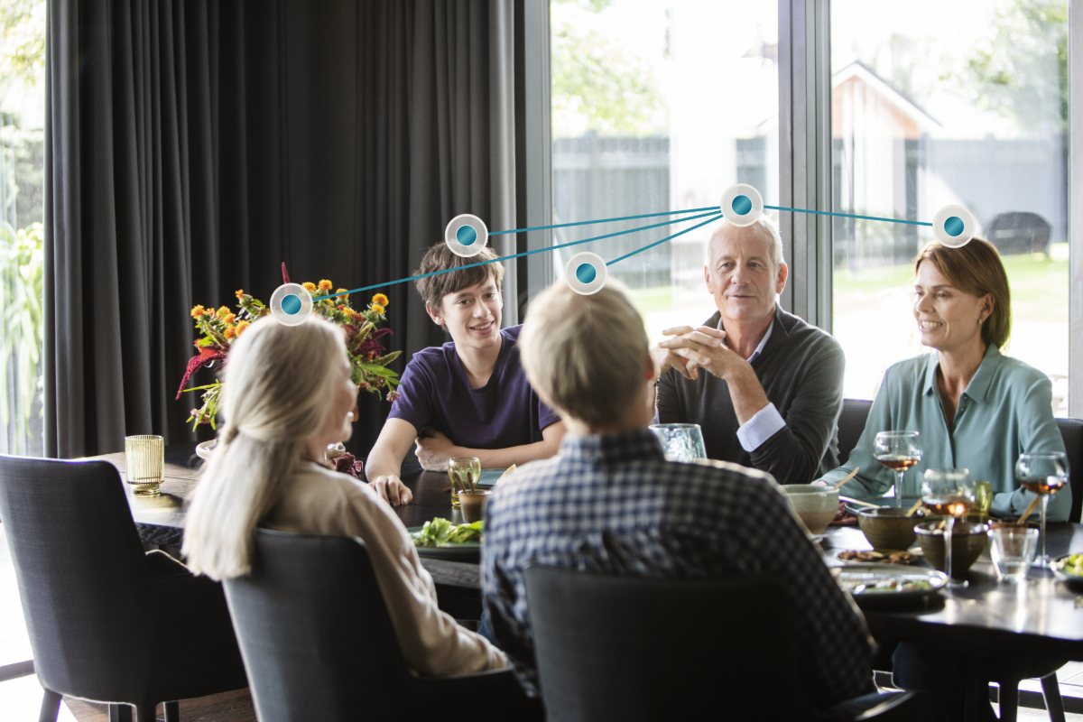 Familiemaaltijd rond een tafel; verbonden punten geven de verschillende geluidsbronnen weer